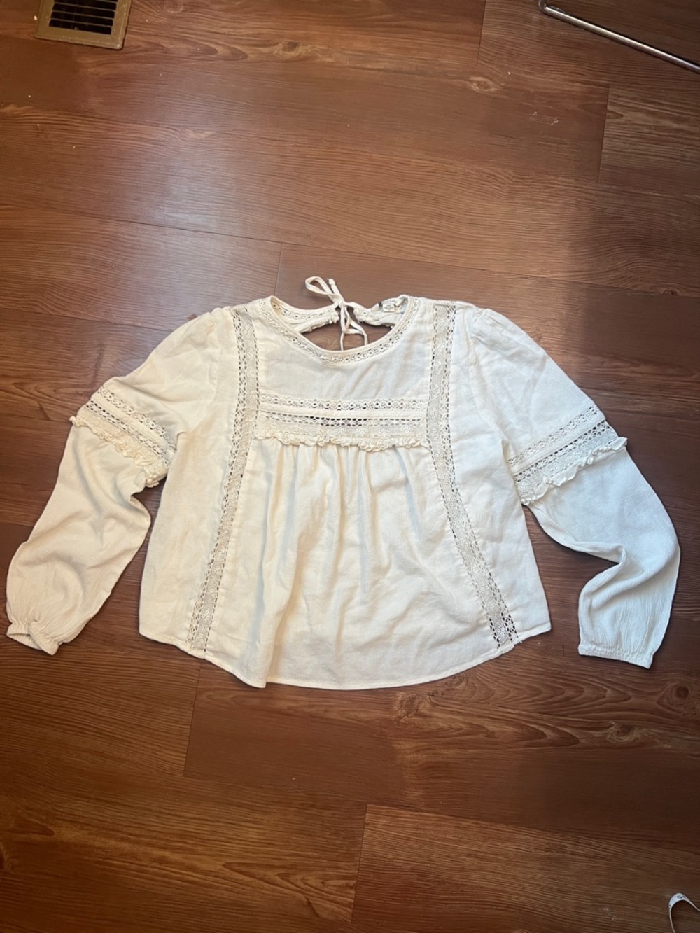 American Eagle Outfitters Cream Lace Peasant Top with Tie Back